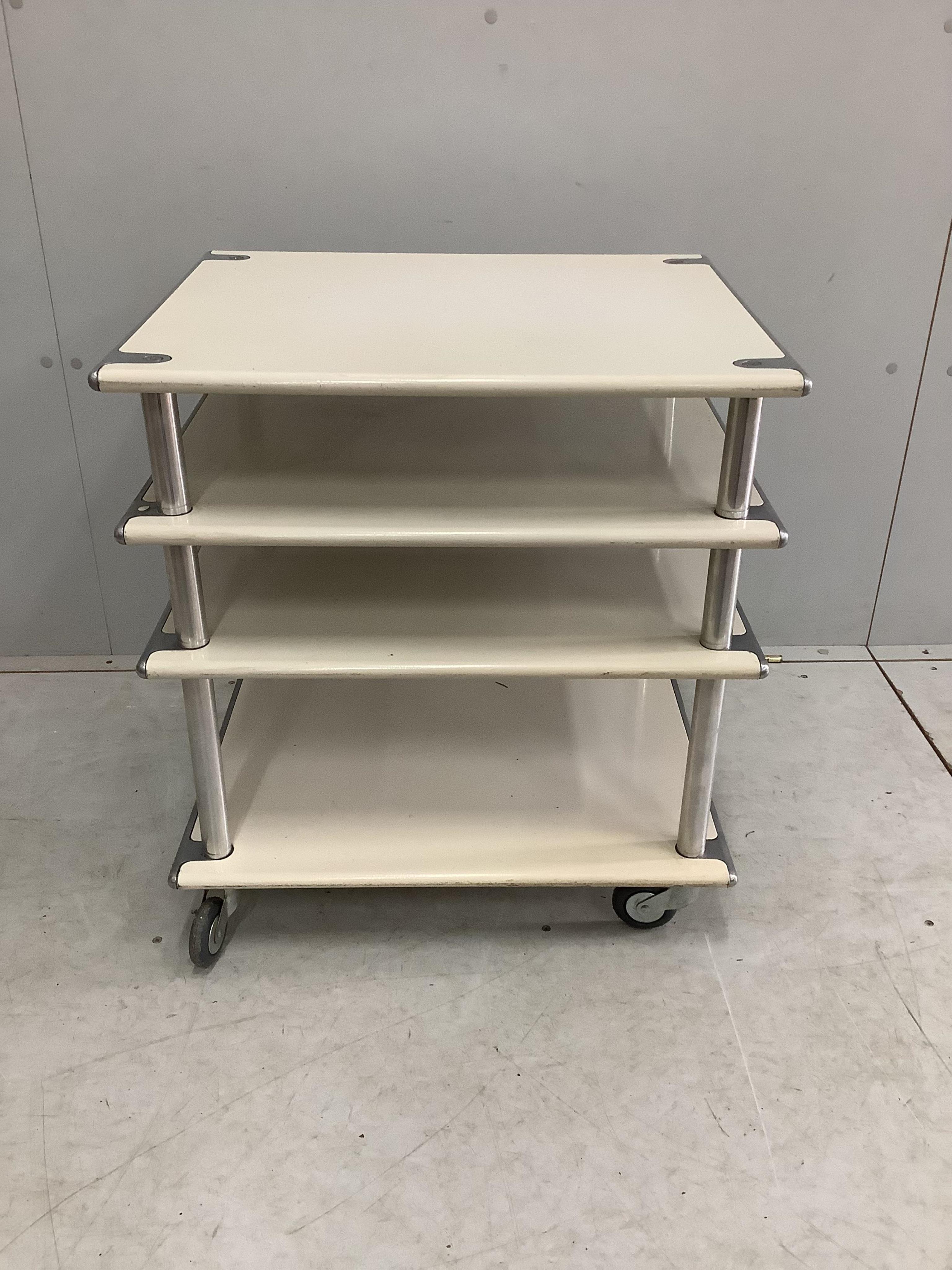 A mid century metal and aluminium four tier bar cart, width 49cm, depth 66cm, height 60cm. Condition - fair